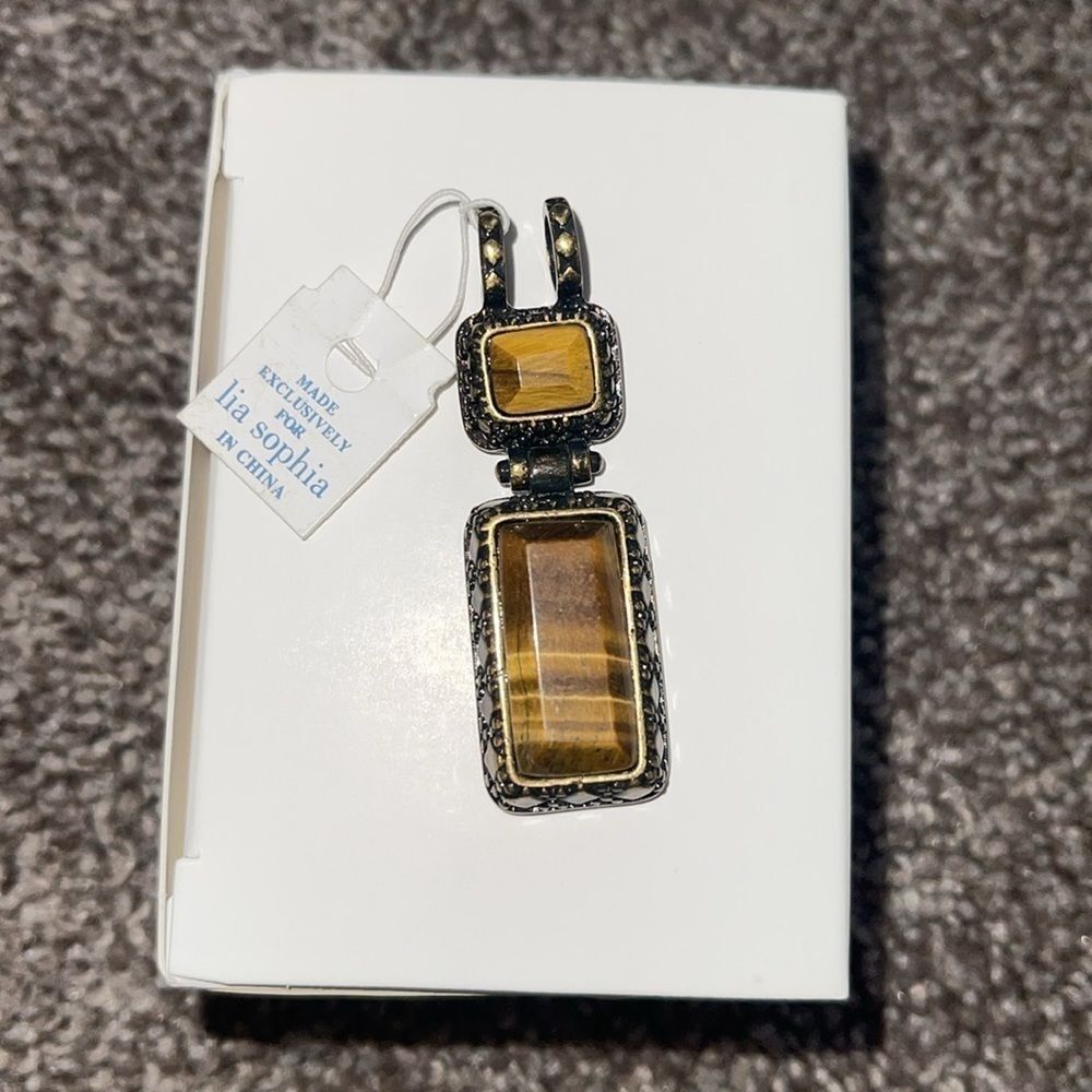 Lia Sophia "Roca” Antique Gold Tone Genuine Tiger’s Eye Slide Pendant
